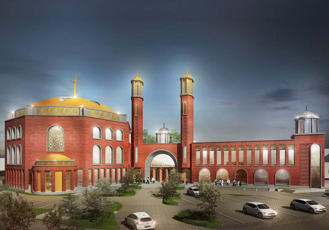 Architect's rendering of the new masjid at dusk, lit up